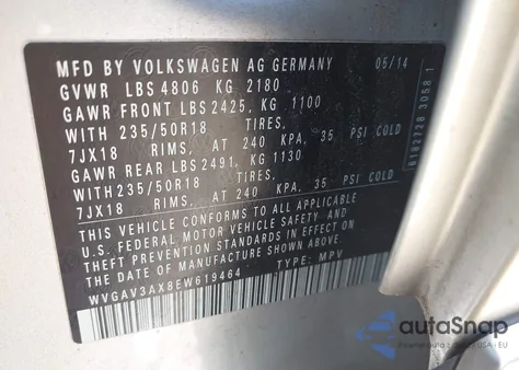 2014 Volkswagen Tiguan Sel from USA, damaged, VIN WVGAV3AX8EW619464